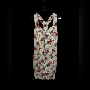 BONGO Overall Floral Dress - Cream with Red rosette button up vintage denim